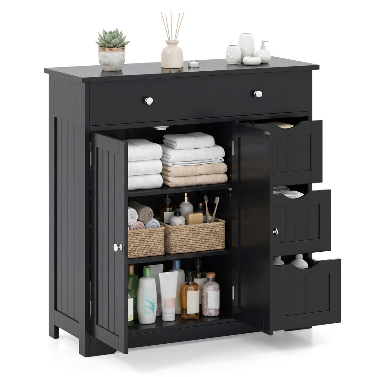 Bathroom Floor Cabinet with 4 Drawers with 2 Doors and Adjustable Shelf-Black