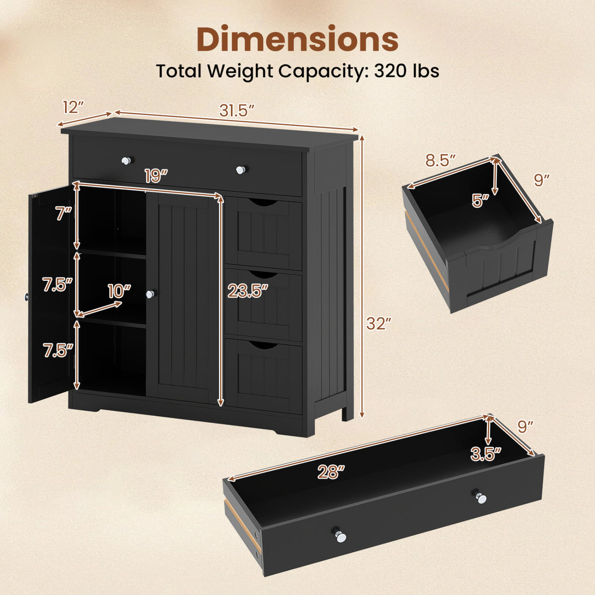 Bathroom Floor Cabinet with 4 Drawers with 2 Doors and Adjustable Shelf-Black