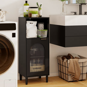 Bathroom Floor Cabinet Wood Side Storage Organizer with Adjustable Shelf-Black