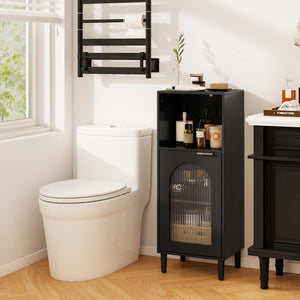 Bathroom Floor Cabinet Wood Side Storage Organizer with Adjustable Shelf-Black
