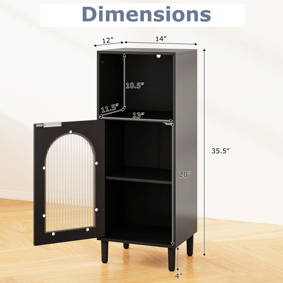 Bathroom Floor Cabinet Wood Side Storage Organizer with Adjustable Shelf-Black
