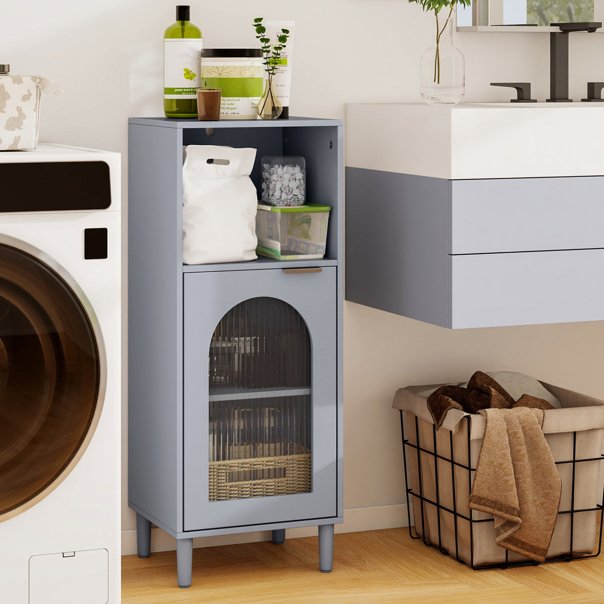 Bathroom Floor Cabinet Wood Side Storage Organizer with Adjustable Shelf-Gray