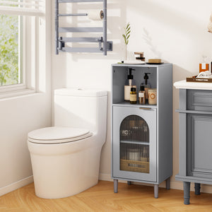 Bathroom Floor Cabinet Wood Side Storage Organizer with Adjustable Shelf-Gray