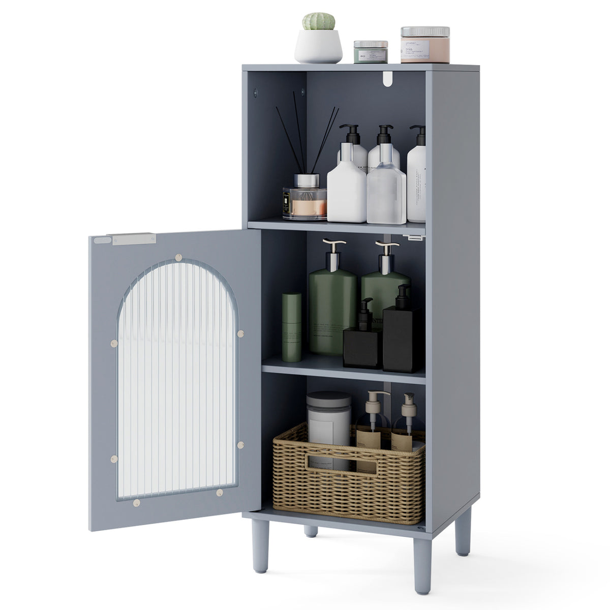 Bathroom Floor Cabinet Wood Side Storage Organizer with Adjustable Shelf-Gray
