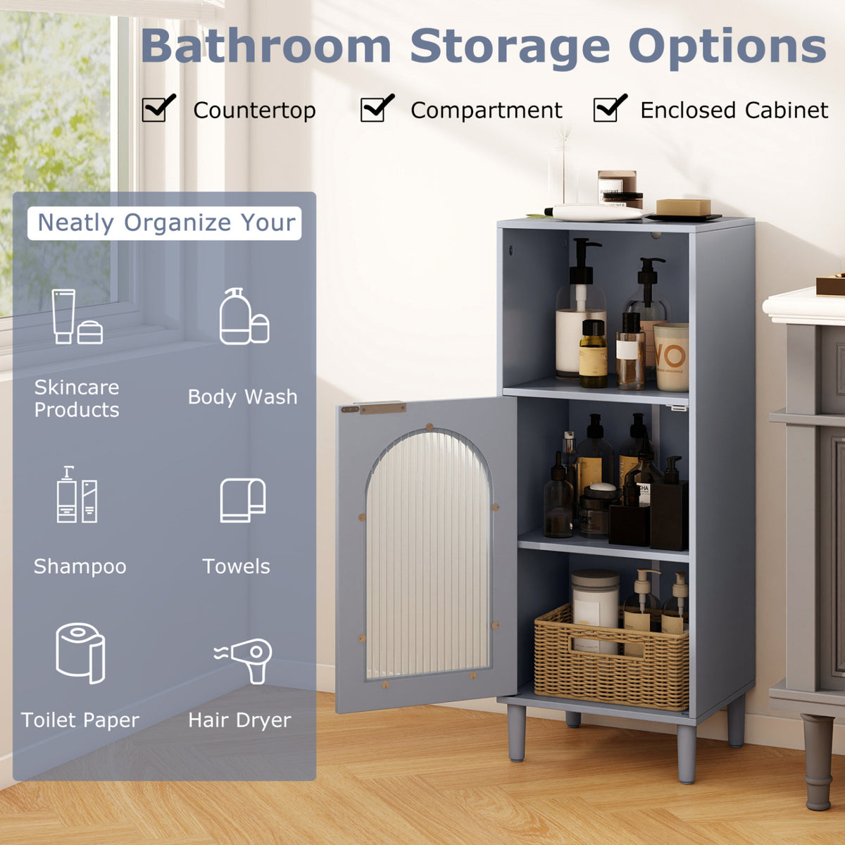 Bathroom Floor Cabinet Wood Side Storage Organizer with Adjustable Shelf-Gray