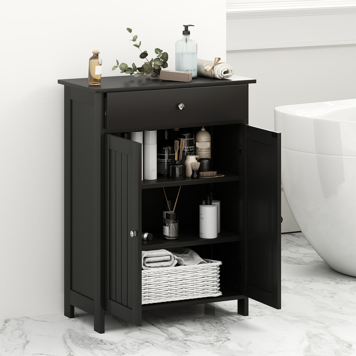 Bathroom Floor Cabinet Freestanding Storage Organizer with 2 Doors-Black
