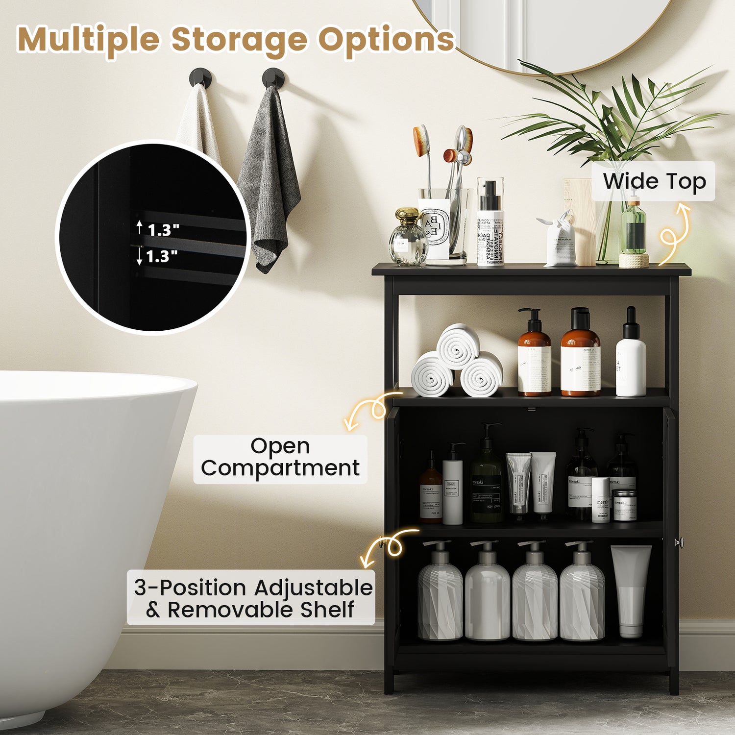 Bathroom Floor Cabinet Freestanding Storage Organizer with Open Compartment-Black