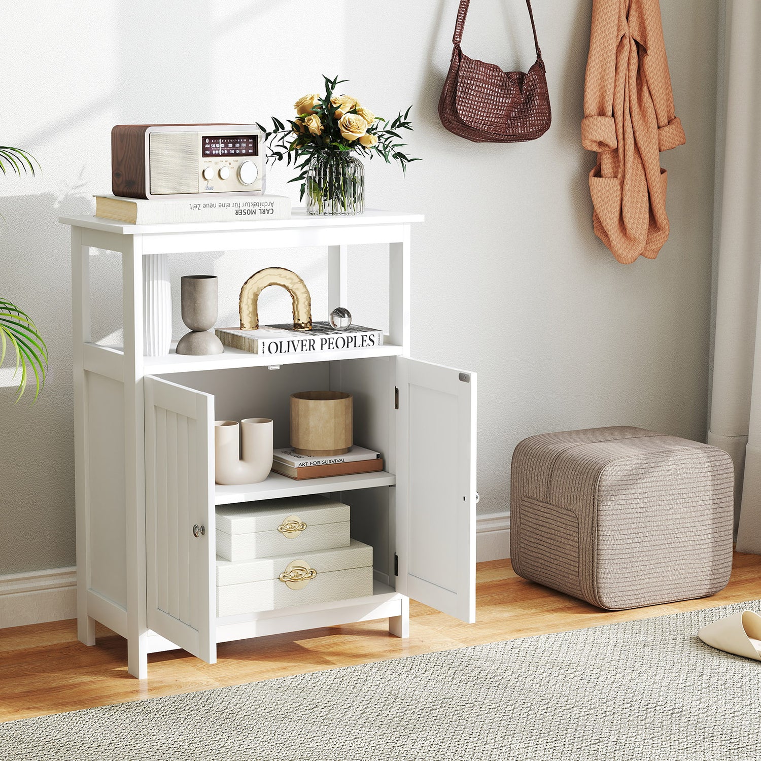 Bathroom Floor Cabinet Freestanding Storage Organizer with Open Compartment-White