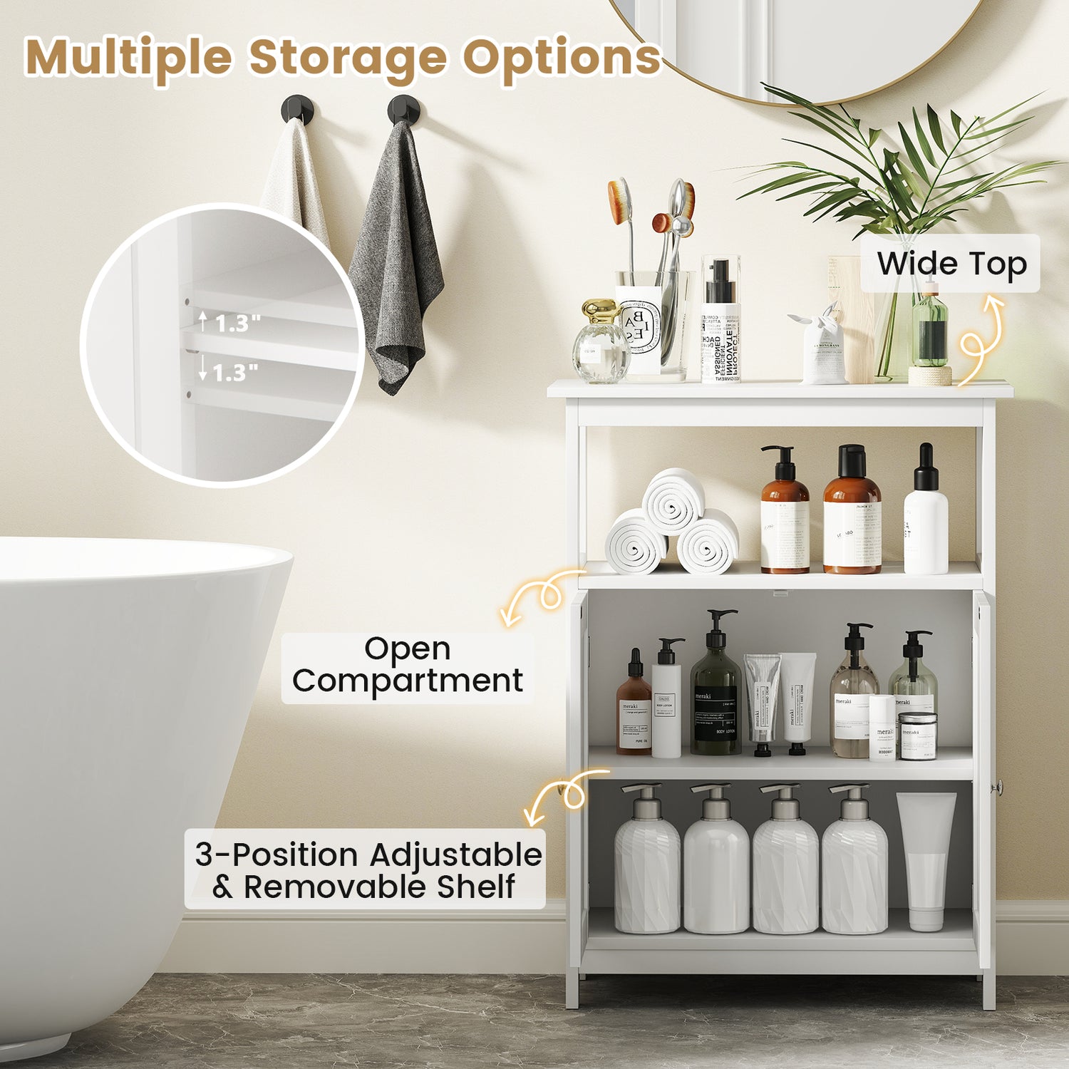 Bathroom Floor Cabinet Freestanding Storage Organizer with Open Compartment-White