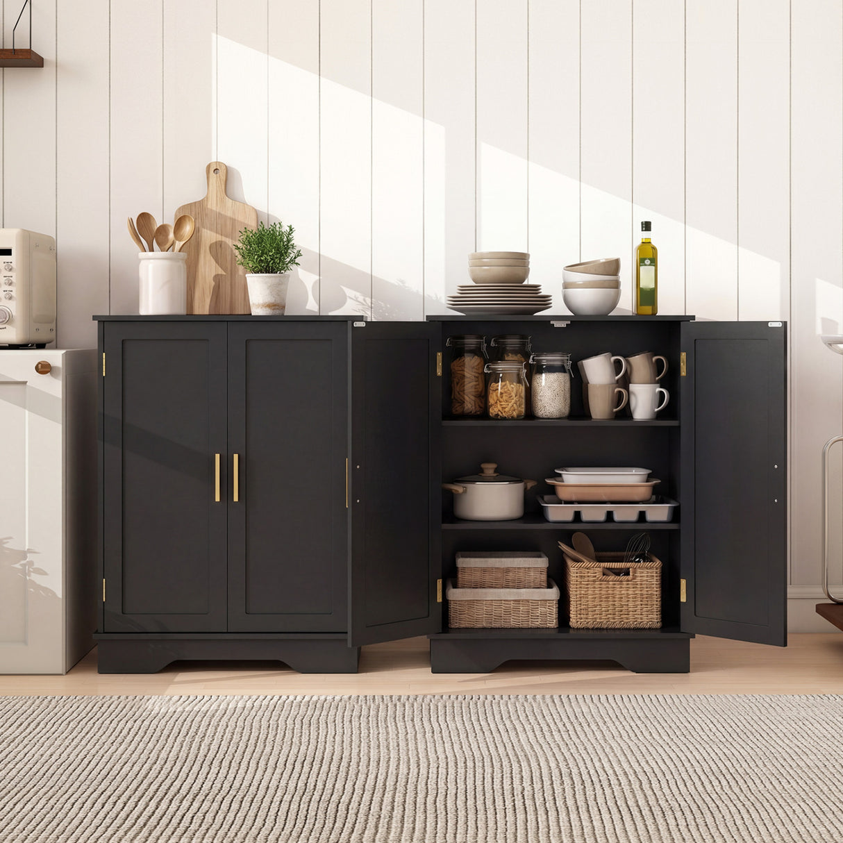 Bathroom Floor Storage Cabinet with 2 Doors and Adjustable Shelves-Black