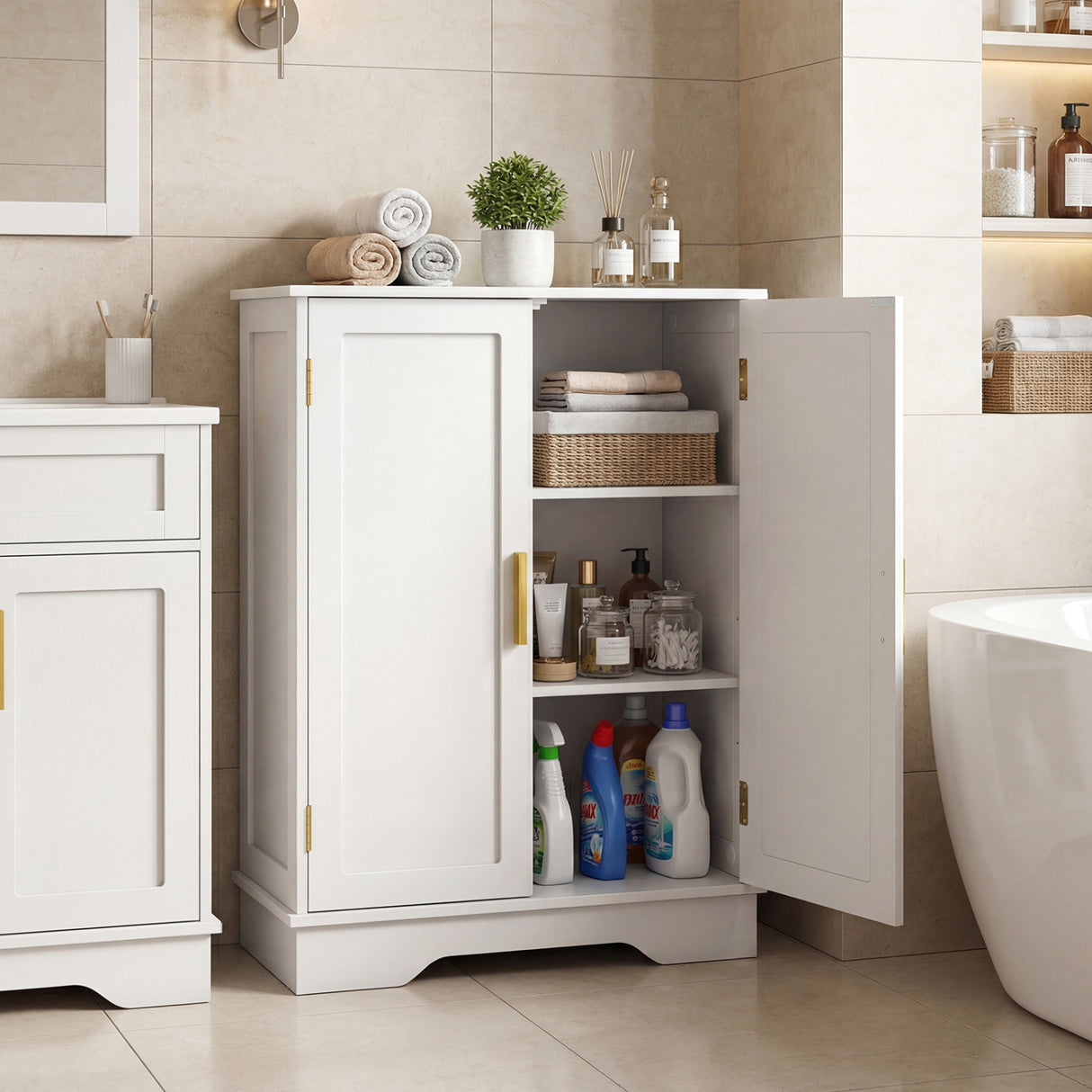 Bathroom Floor Storage Cabinet with 2 Doors and Adjustable Shelves-White