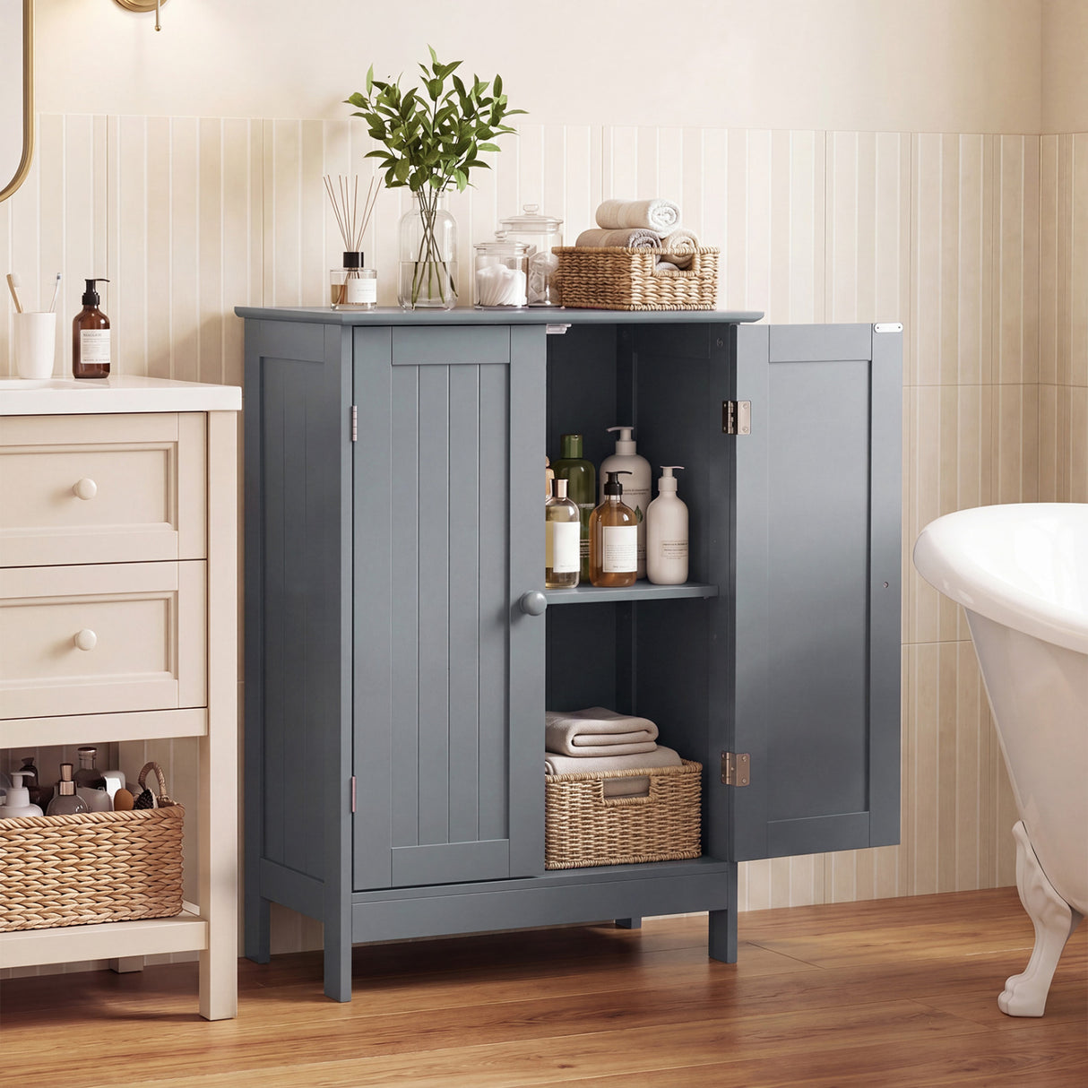 Bathroom Floor Storage Double Door Cupboard Cabinet-White