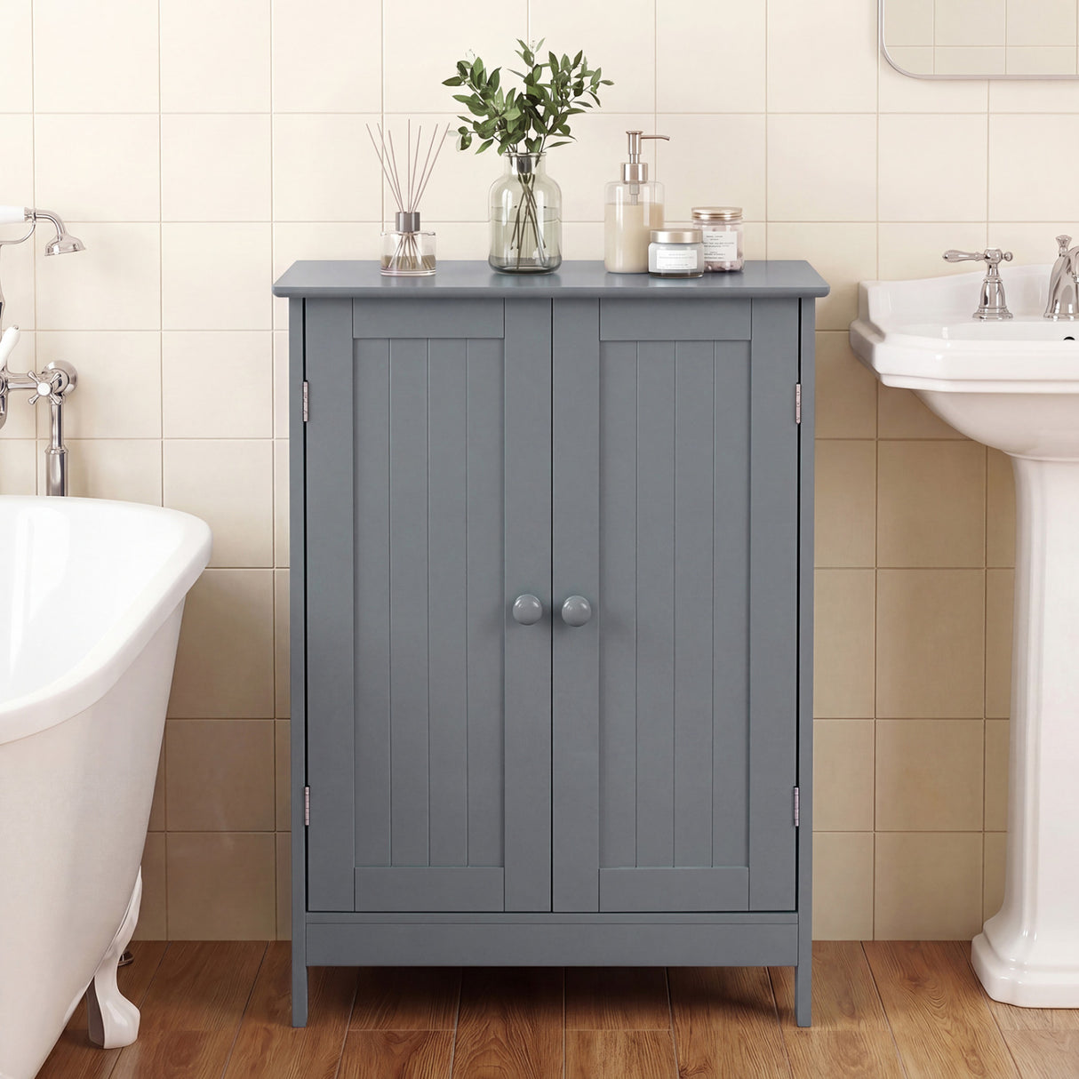 Bathroom Floor Storage Double Door Cupboard Cabinet-White