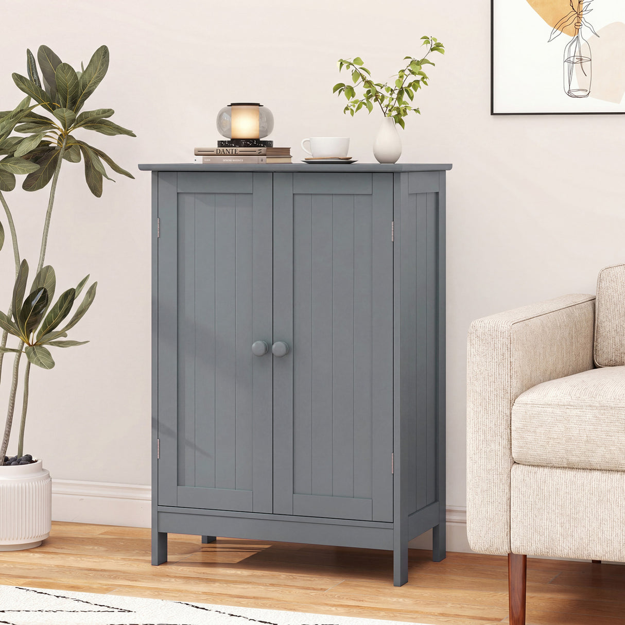 Bathroom Floor Storage Double Door Cupboard Cabinet-White