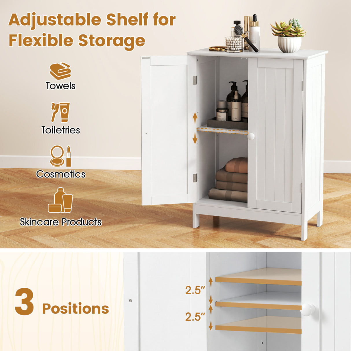 Bathroom Floor Storage Double Door Cupboard Cabinet-White