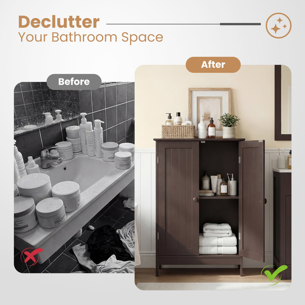 Bathroom Floor Storage Double Door Cupboard Cabinet-Brown