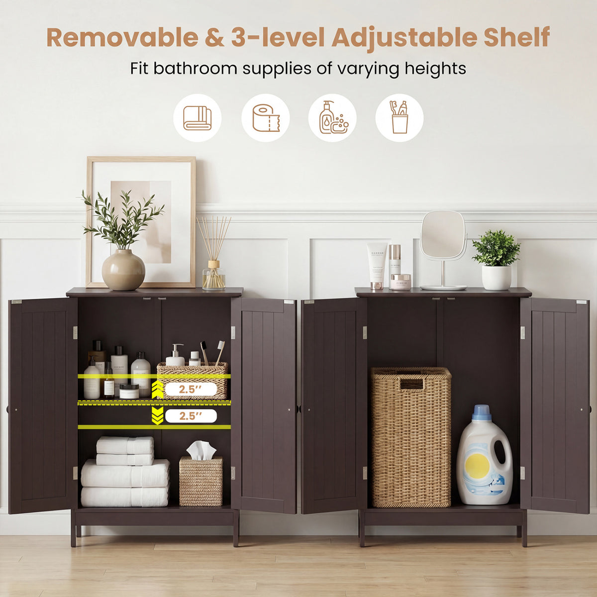 Bathroom Floor Storage Double Door Cupboard Cabinet-Brown