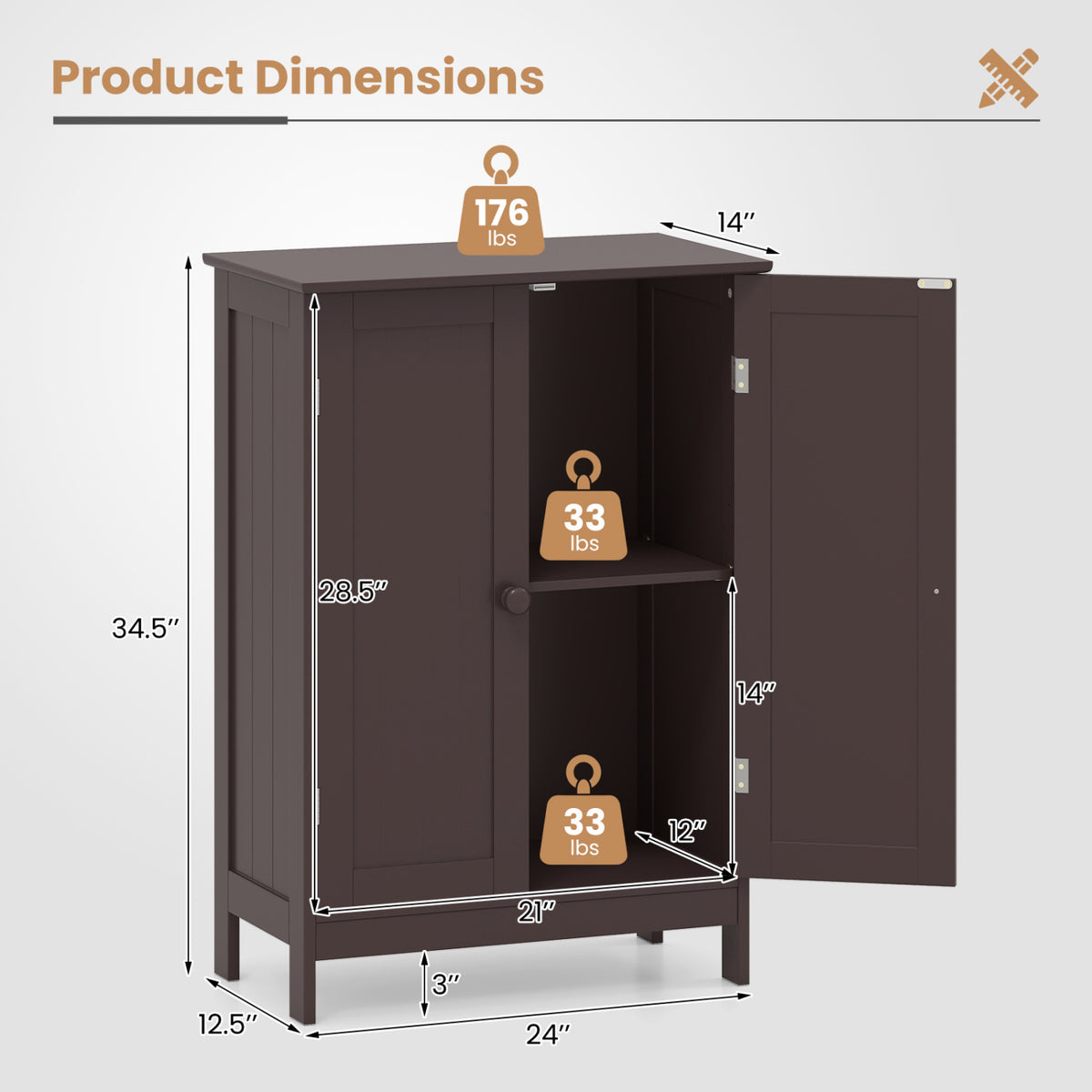 Bathroom Floor Storage Double Door Cupboard Cabinet-Brown