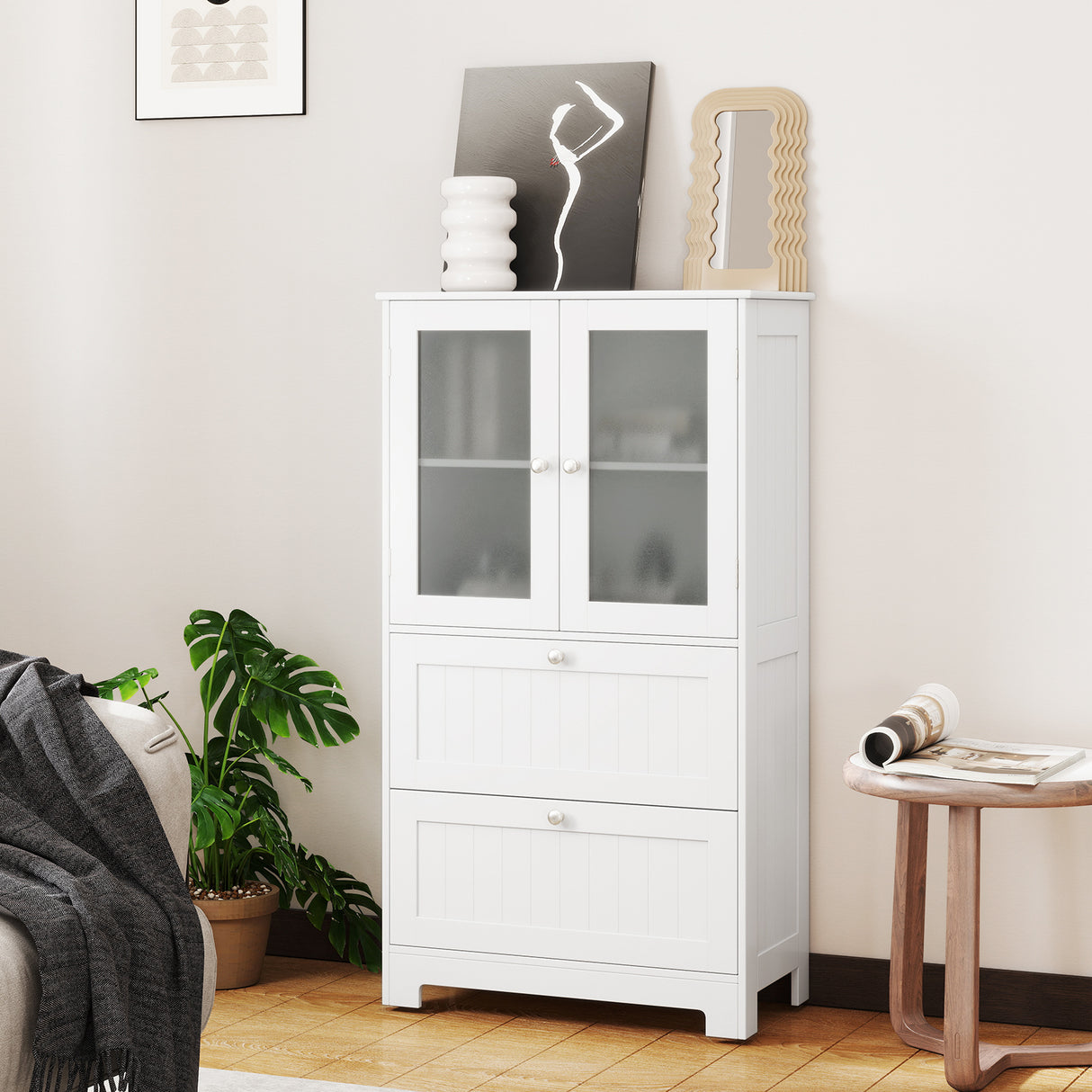 Bathroom Floor Storage Cabinet Freestanding Cupboard Pantry with 2 Drawers and 2 Frosted Glass Doors-White
