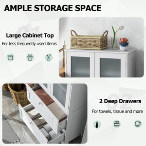 Bathroom Floor Storage Cabinet Freestanding Cupboard Pantry with 2 Drawers and 2 Frosted Glass Doors-White