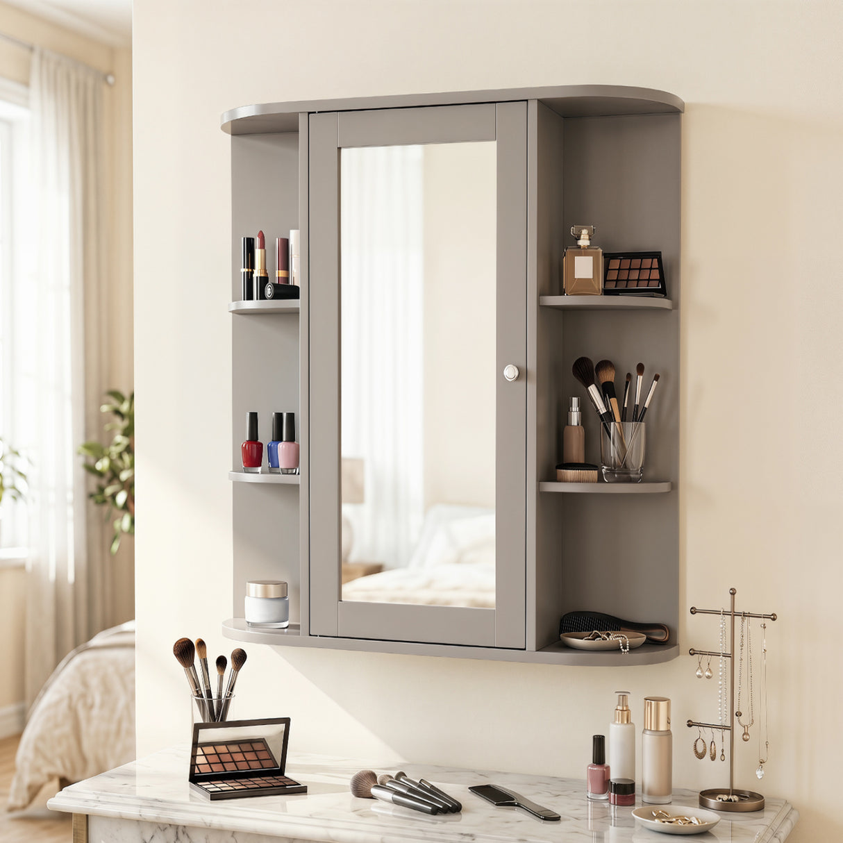 Mirrored Bathroom Medicine Cabinet with Single Mirror Door and Adjustable Shelf-White