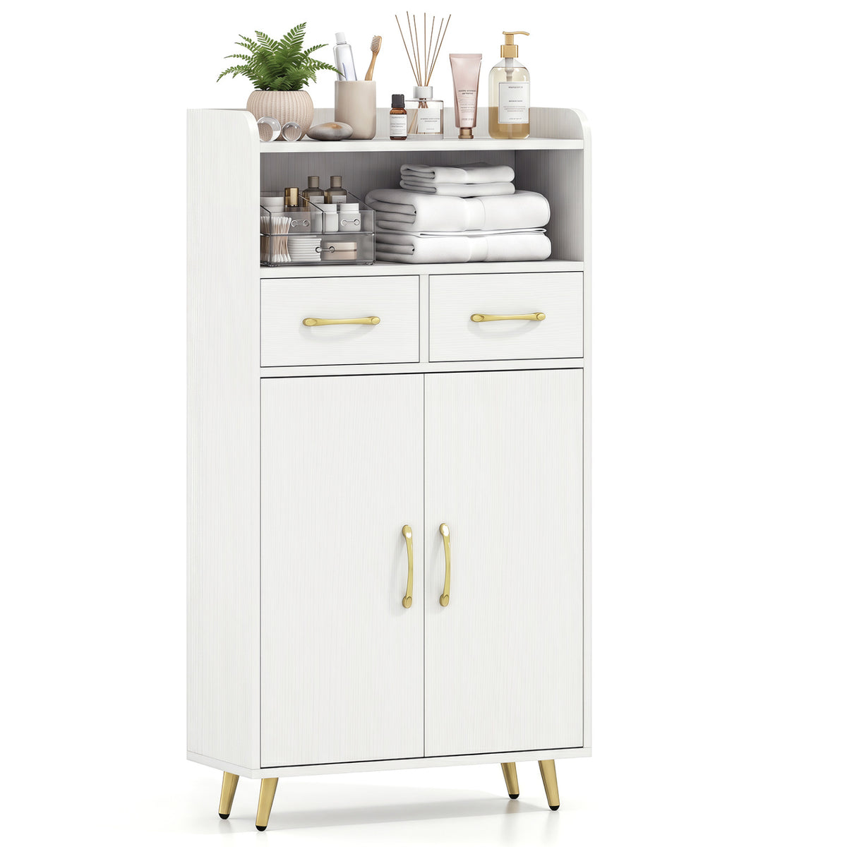 Bathroom Storage Cabinet Freestanding Floor Cabinet with 2 Drawers and 2 Doors-White