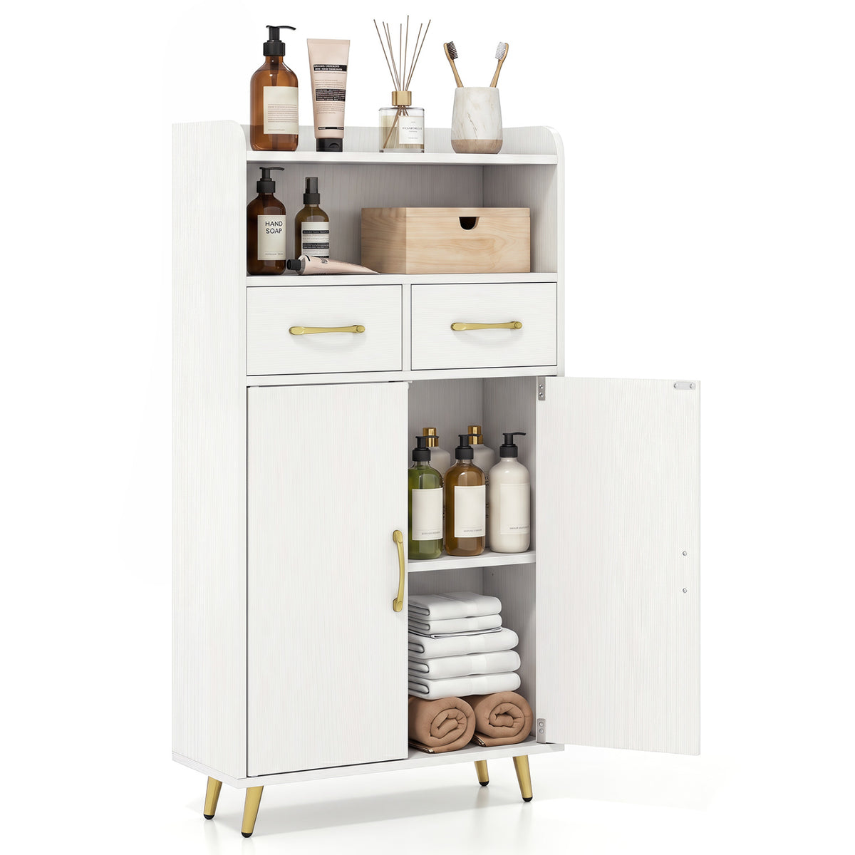 Bathroom Storage Cabinet Freestanding Floor Cabinet with 2 Drawers and 2 Doors-White