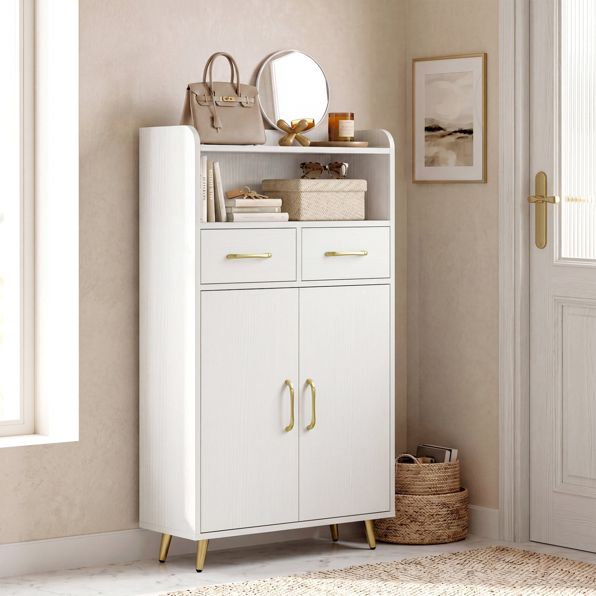 Bathroom Storage Cabinet Freestanding Floor Cabinet with 2 Drawers and 2 Doors-White