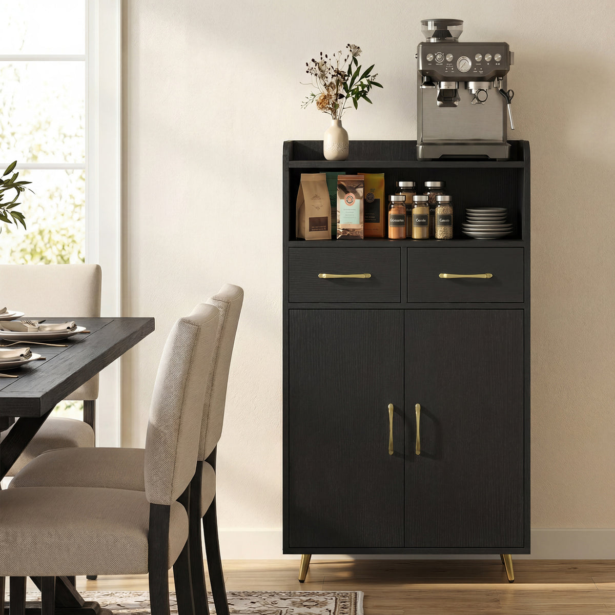 Bathroom Storage Cabinet Freestanding Floor Cabinet with 2 Drawers and 2 Doors-Black