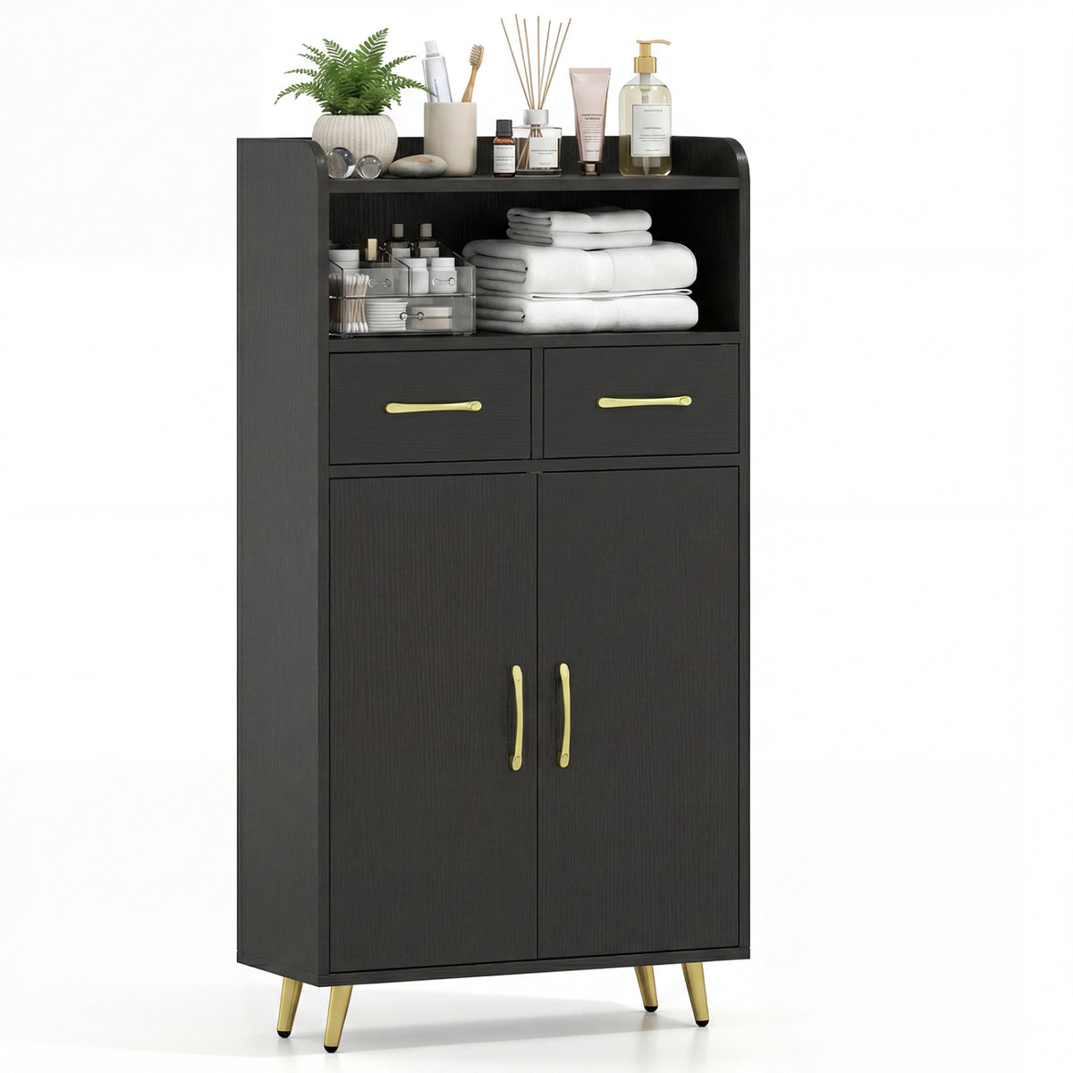Bathroom Storage Cabinet Freestanding Floor Cabinet with 2 Drawers and 2 Doors-Black