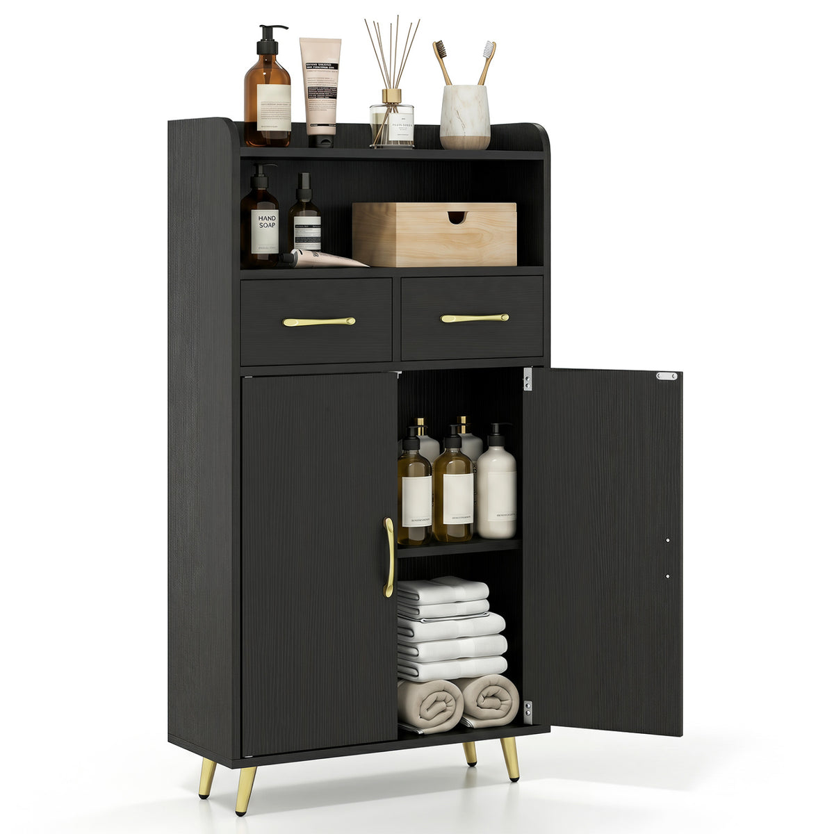 Bathroom Storage Cabinet Freestanding Floor Cabinet with 2 Drawers and 2 Doors-Black