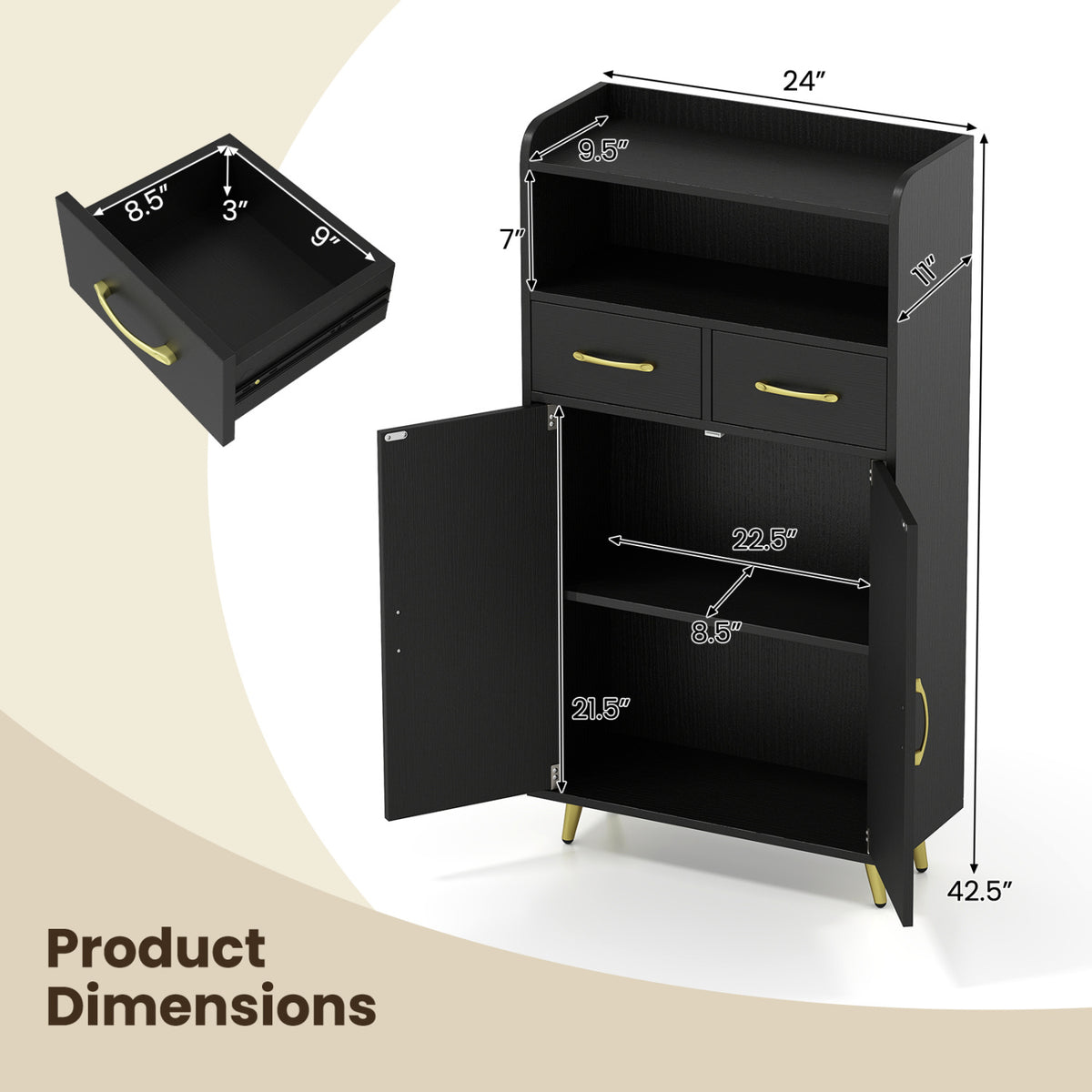 Bathroom Storage Cabinet Freestanding Floor Cabinet with 2 Drawers and 2 Doors-Black