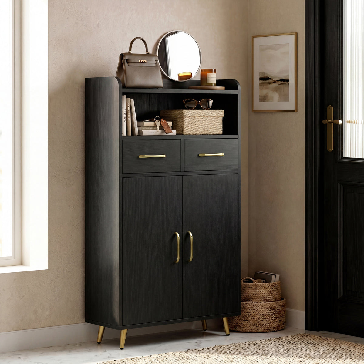 Bathroom Storage Cabinet Freestanding Floor Cabinet with 2 Drawers and 2 Doors-Black