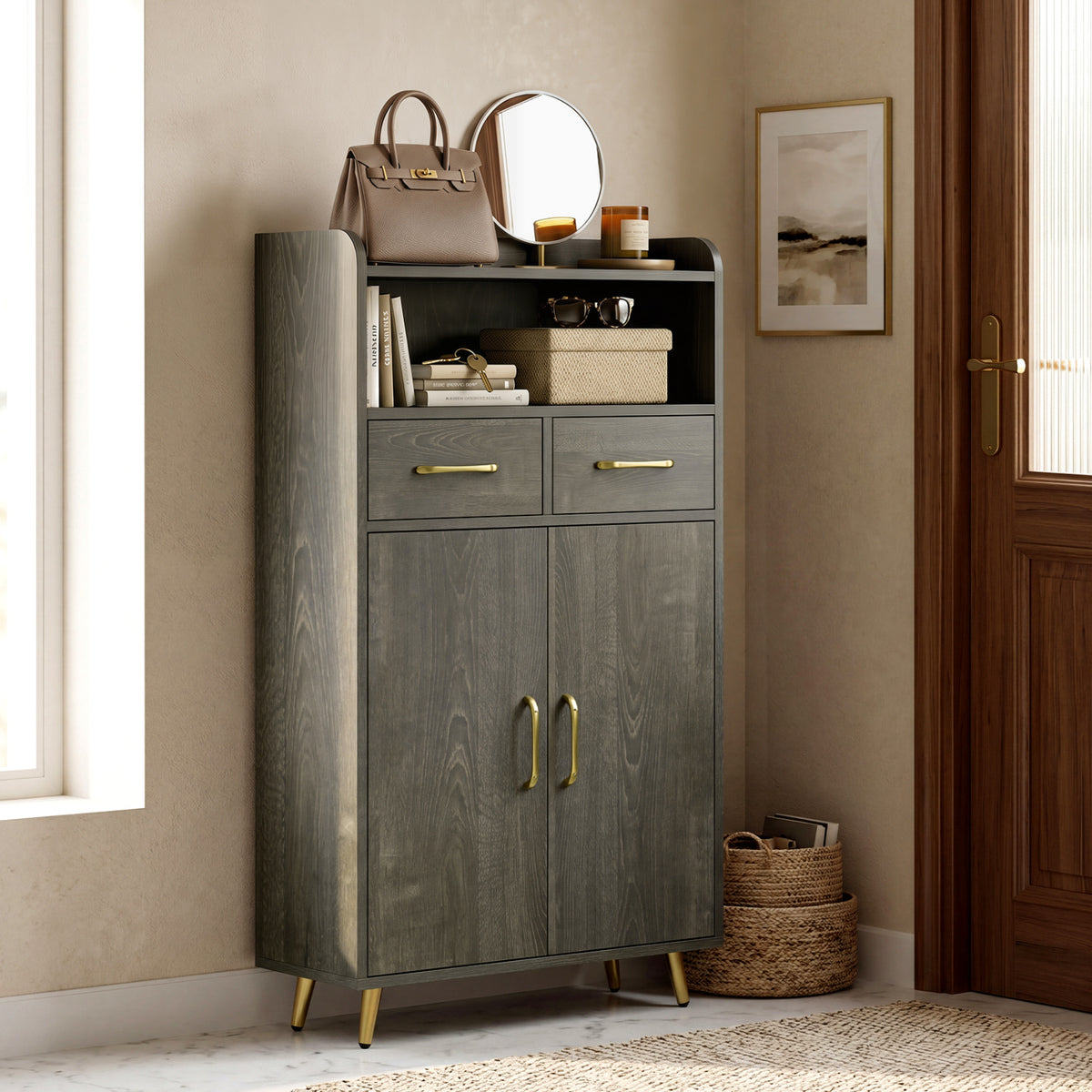 Bathroom Storage Cabinet Freestanding Floor Cabinet with 2 Drawers and 2 Doors-Gray Oak