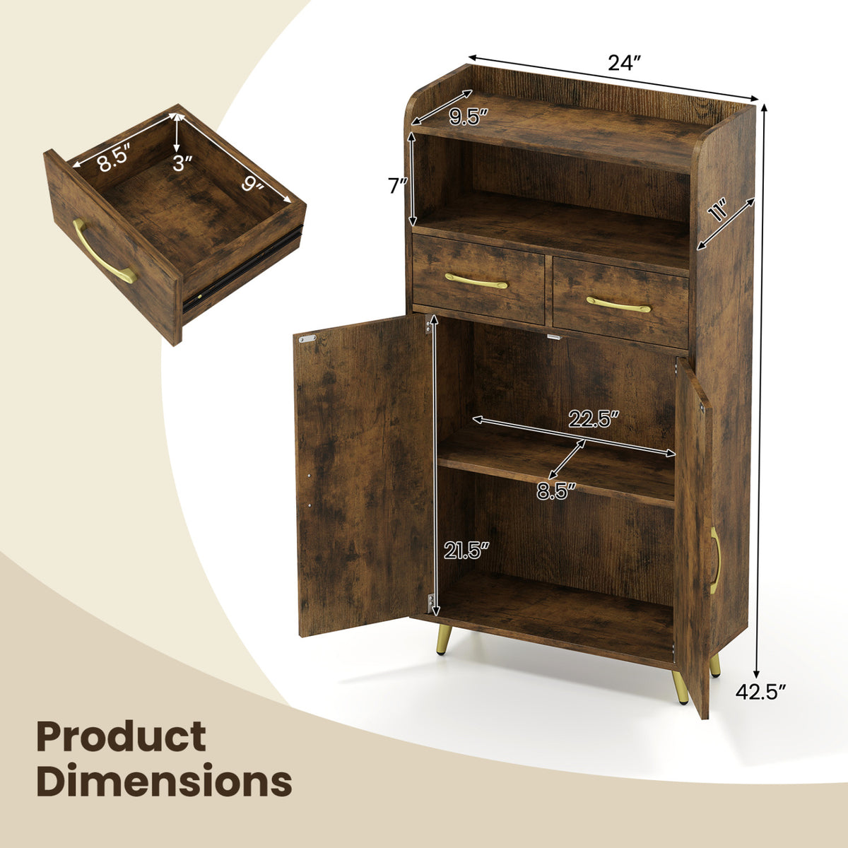 Bathroom Storage Cabinet Freestanding Floor Cabinet with 2 Drawers and 2 Doors-Rustic Brown