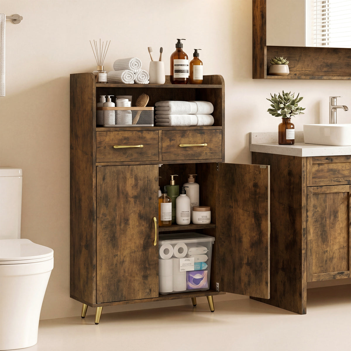 Bathroom Storage Cabinet Freestanding Floor Cabinet with 2 Drawers and 2 Doors-Rustic Brown
