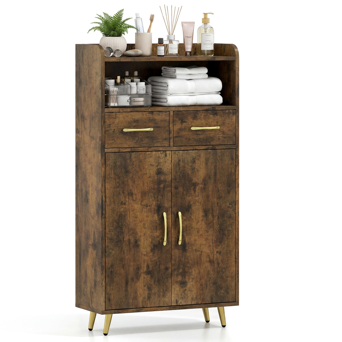 Bathroom Storage Cabinet Freestanding Floor Cabinet with 2 Drawers and 2 Doors-Rustic Brown