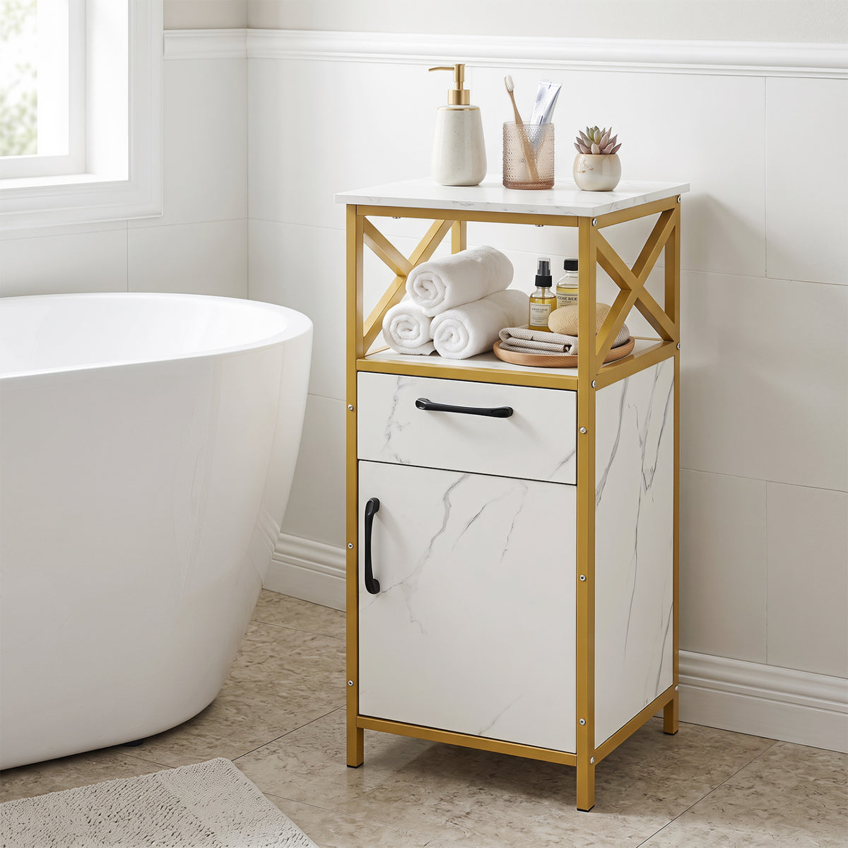 Bathroom Storage Cabinet with Drawer Single Door and Open Shelf-White