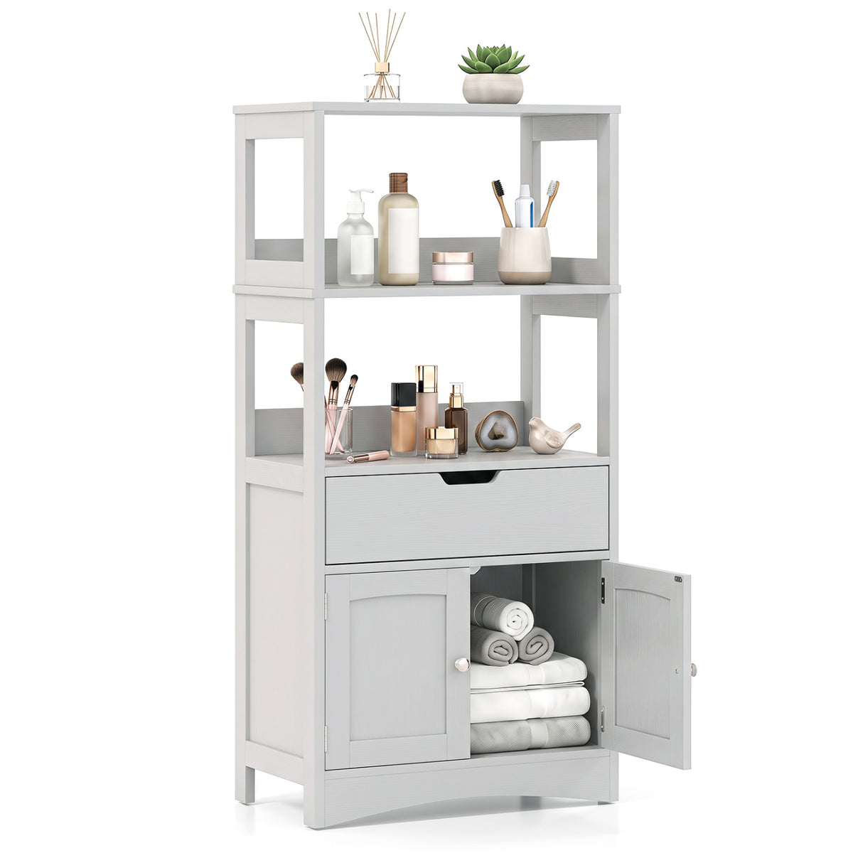 Bathroom Storage Cabinet with Open Shelves and Drawer-Gray
