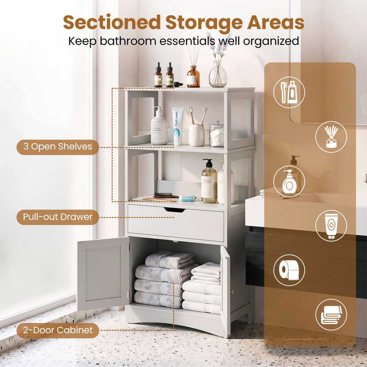 Bathroom Storage Cabinet with Open Shelves and Drawer-Gray