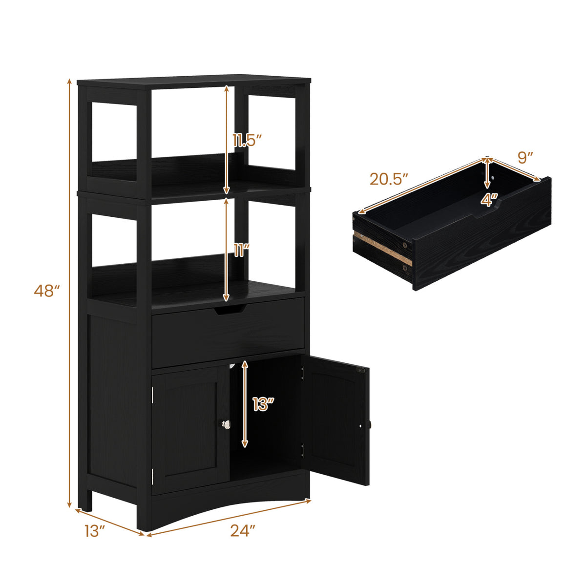 Bathroom Storage Cabinet with Open Shelves and Drawer-Black