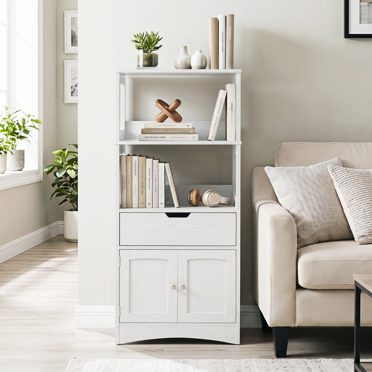 Bathroom Storage Cabinet with Open Shelves and Drawer-White
