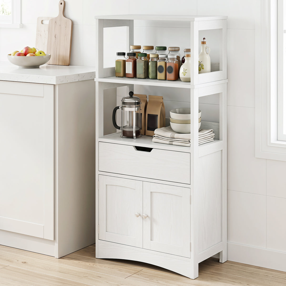 Bathroom Storage Cabinet with Open Shelves and Drawer-White