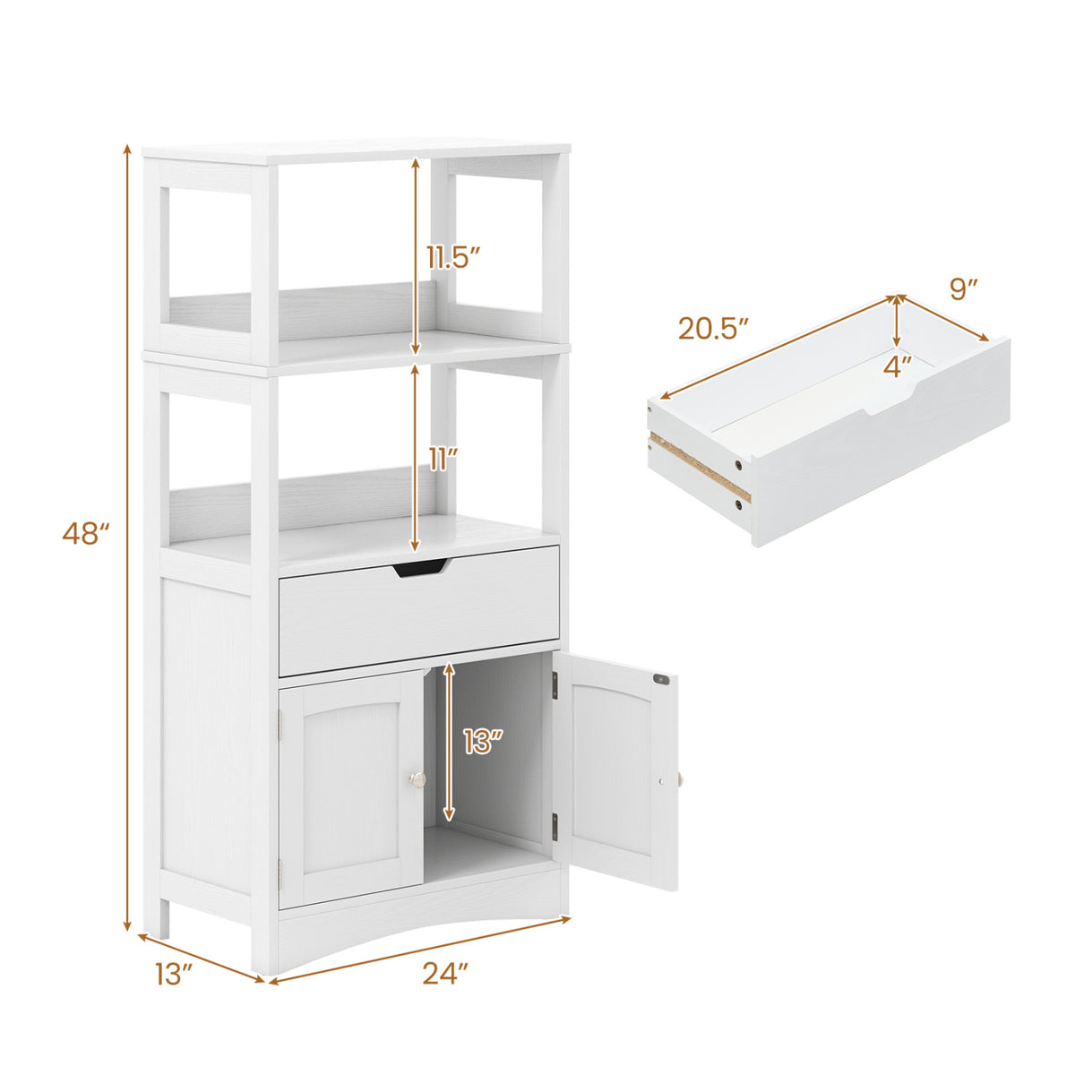 Bathroom Storage Cabinet with Open Shelves and Drawer-White