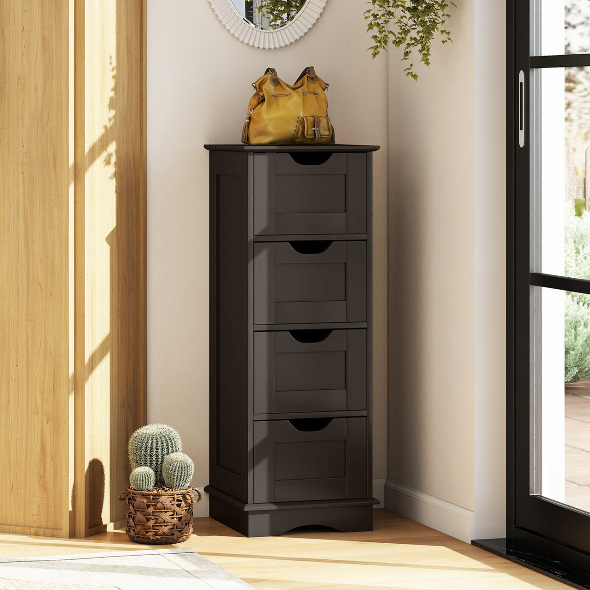 Bathroom Storage Cabinet with Cutout Handles and 4 Drawers-Brown
