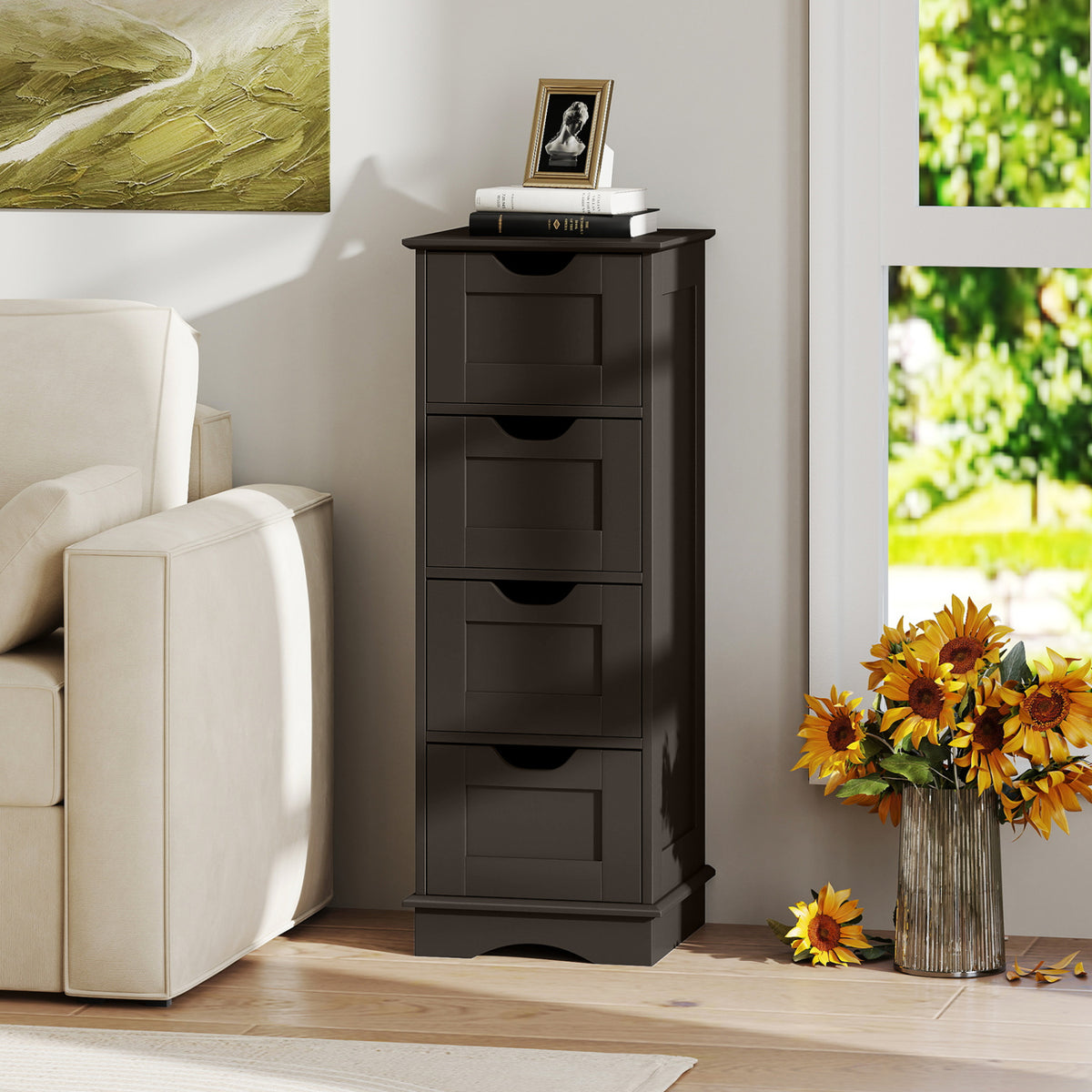 Bathroom Storage Cabinet with Cutout Handles and 4 Drawers-Brown
