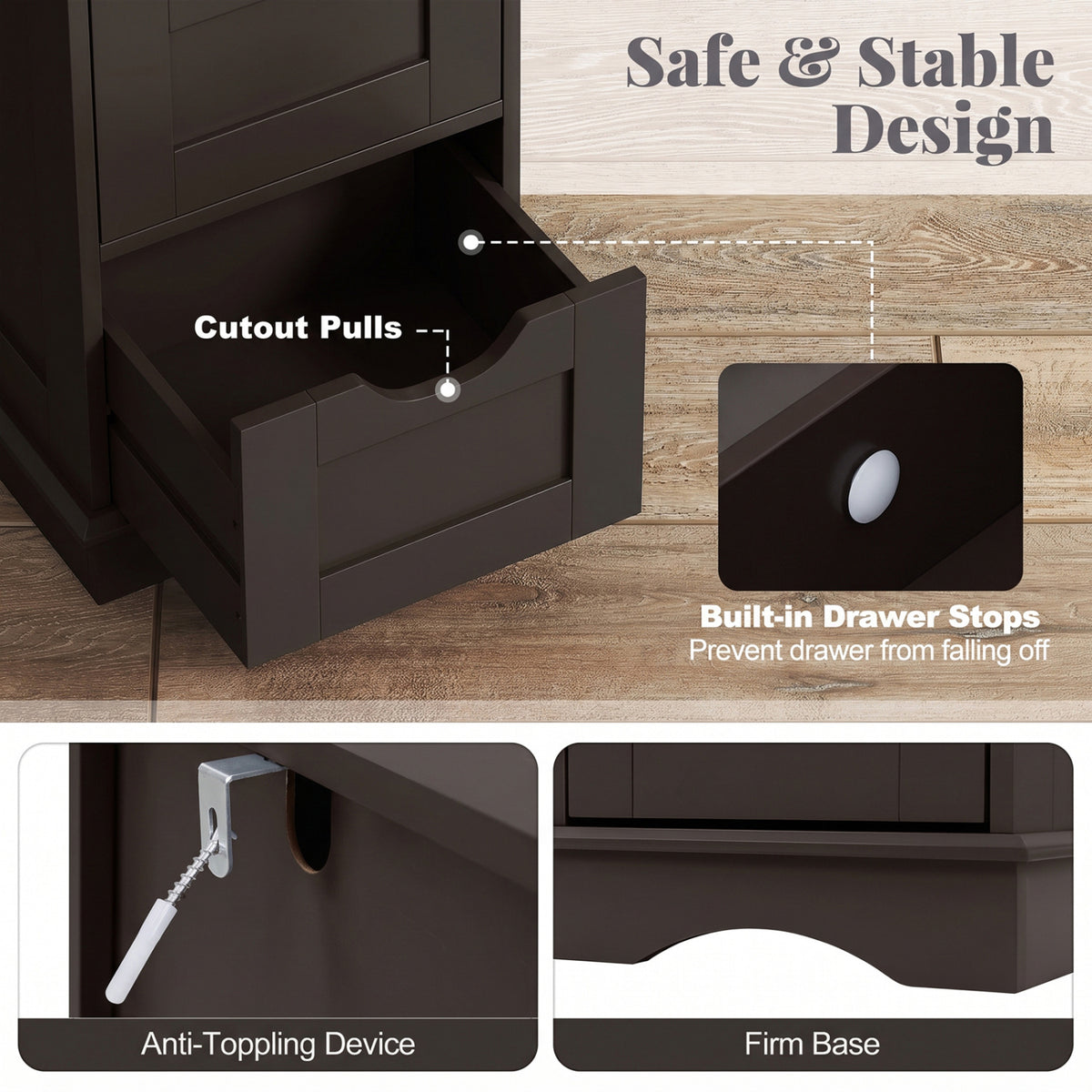 Bathroom Storage Cabinet with Cutout Handles and 4 Drawers-Brown