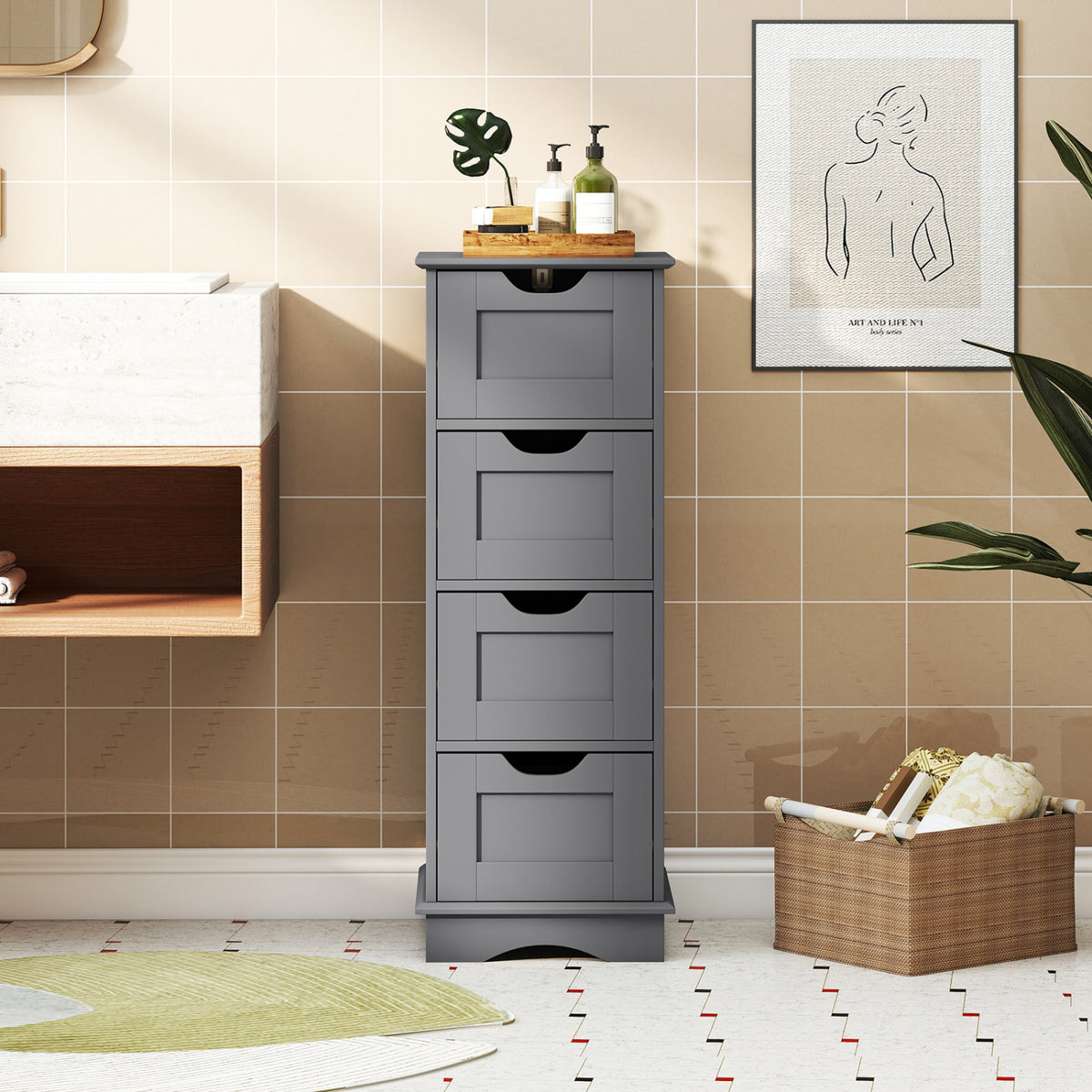Bathroom Storage Cabinet with Cutout Handles and 4 Drawers-Gray