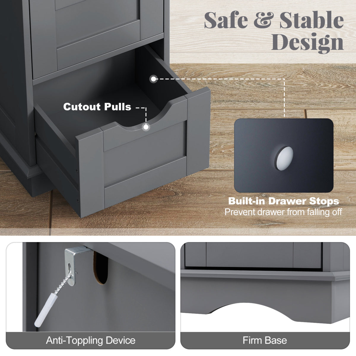 Bathroom Storage Cabinet with Cutout Handles and 4 Drawers-Gray