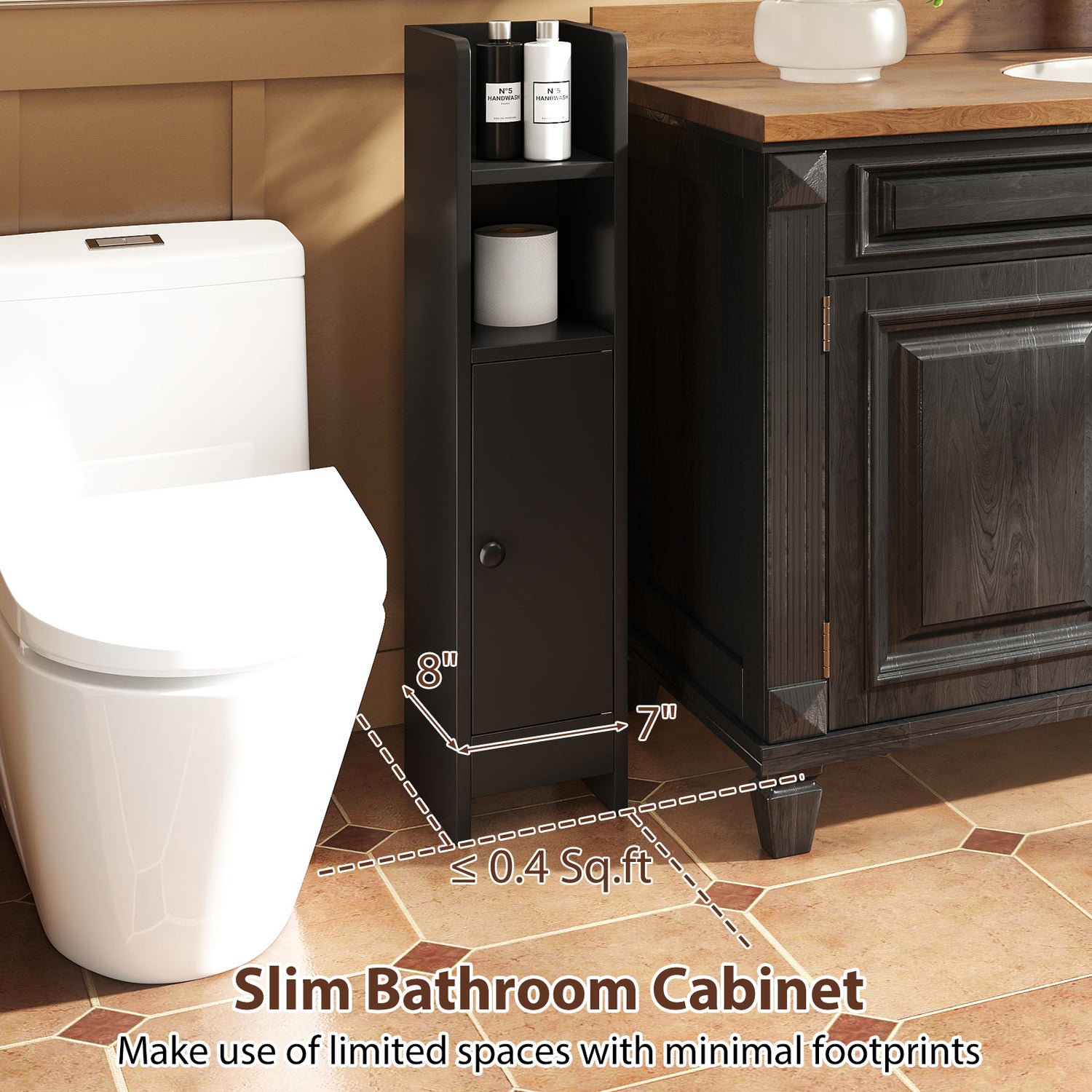 Bathroom Slim Cabinet Corner with Door and Adjustable Shelf-Black